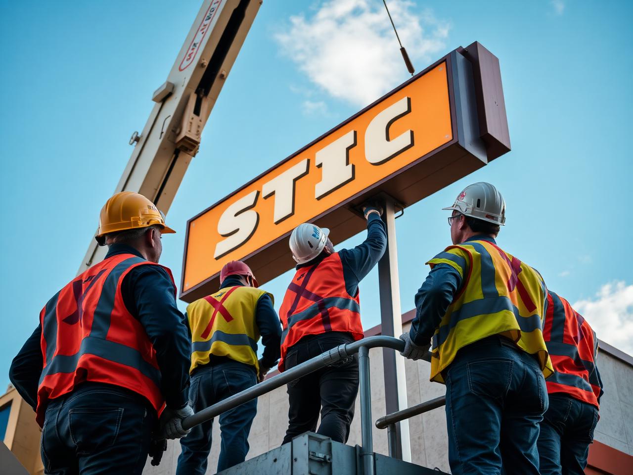 Equipe instalando letreiro com auxílio de guindaste