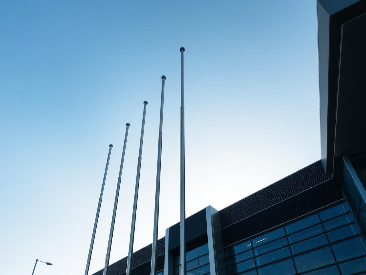 Conjunto de mastros metálicos em frente a edifício corporativo