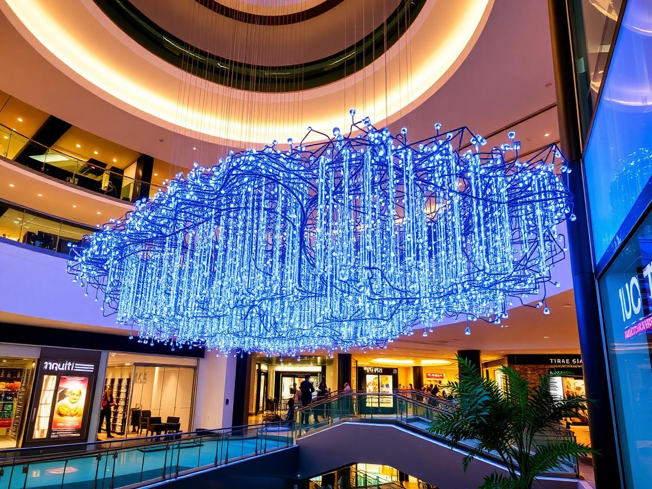 Instalação especial em metal e LED suspensa em átrio de shopping